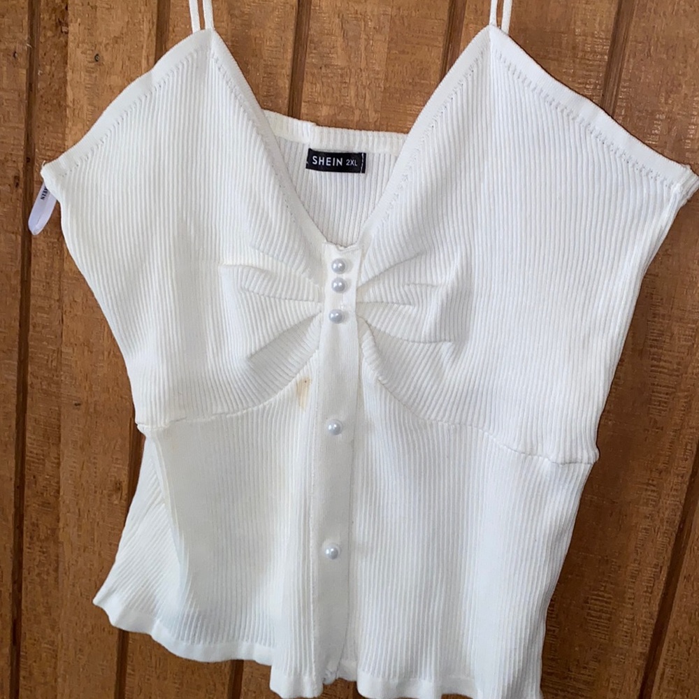 Brand new white rib knit faux pearl strap shirt